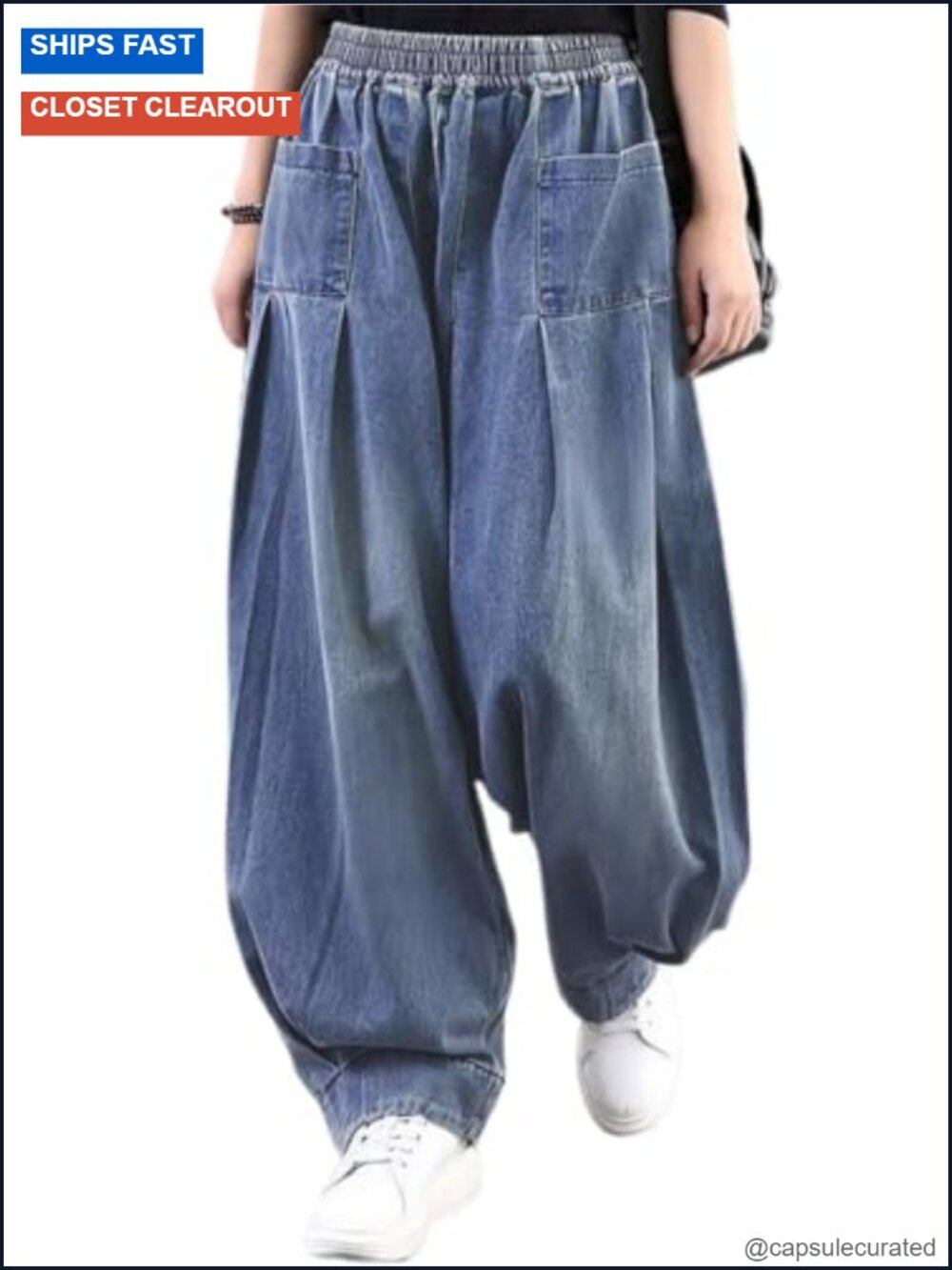 Women's Denim Harem Pants Wide Leg Elastic Waist Baggy Jeans